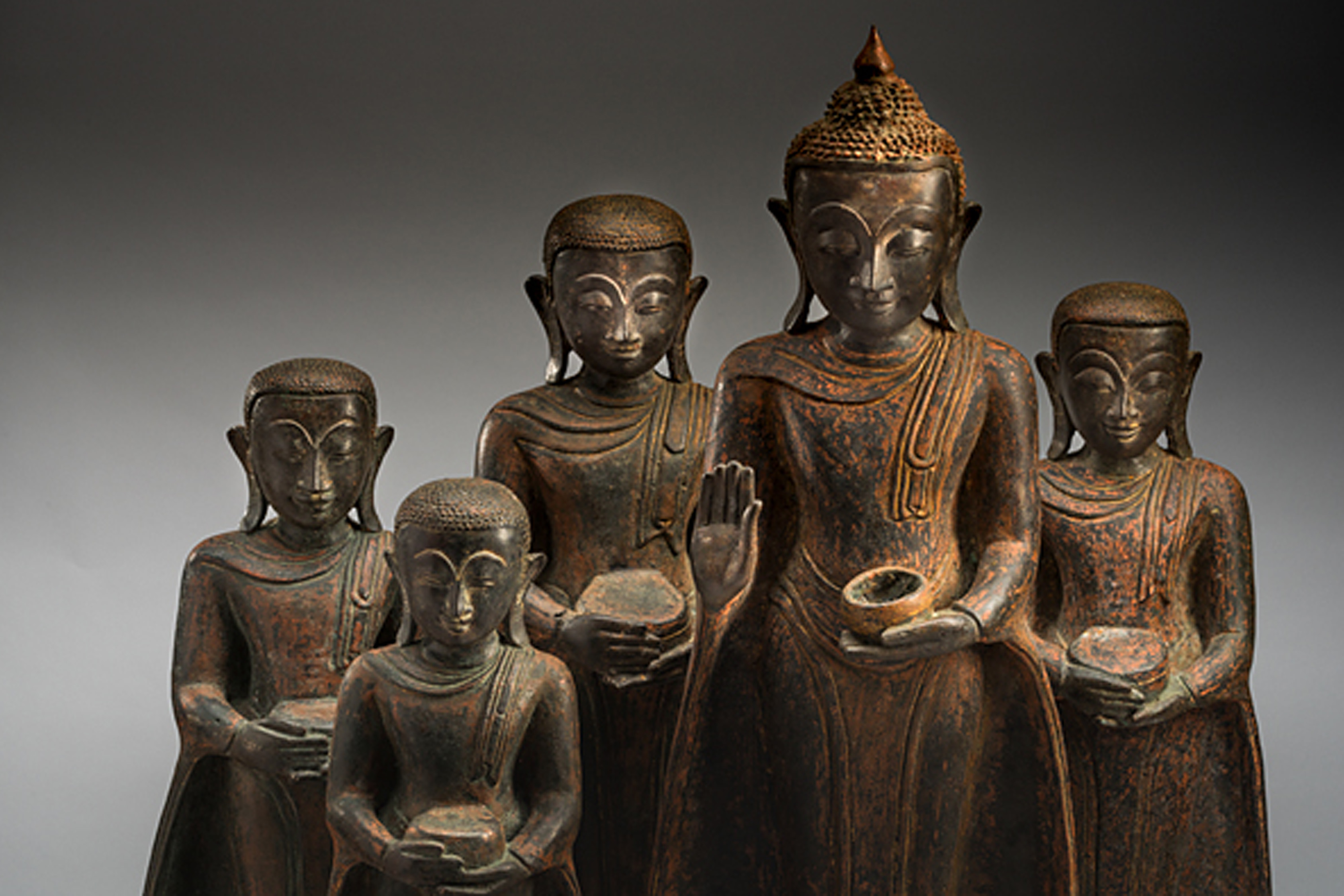 A Set of a Bronze Buddha and four Monks, Burma Myanmar. 19th Century