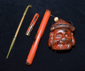 A Fine Old Japanese Tobacco Case & Pipe Holder 19th C with the Gods Daikoku and Ebisu