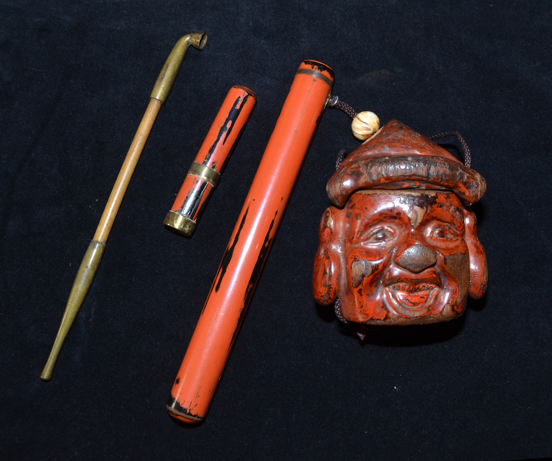 Japanese Antique Tobacco Case & Pipe with the Gods Daikoku and Ebisu