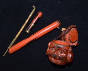 A Fine Old Japanese Tobacco Case & Pipe Holder 19th C with the Gods Daikoku and Ebisu