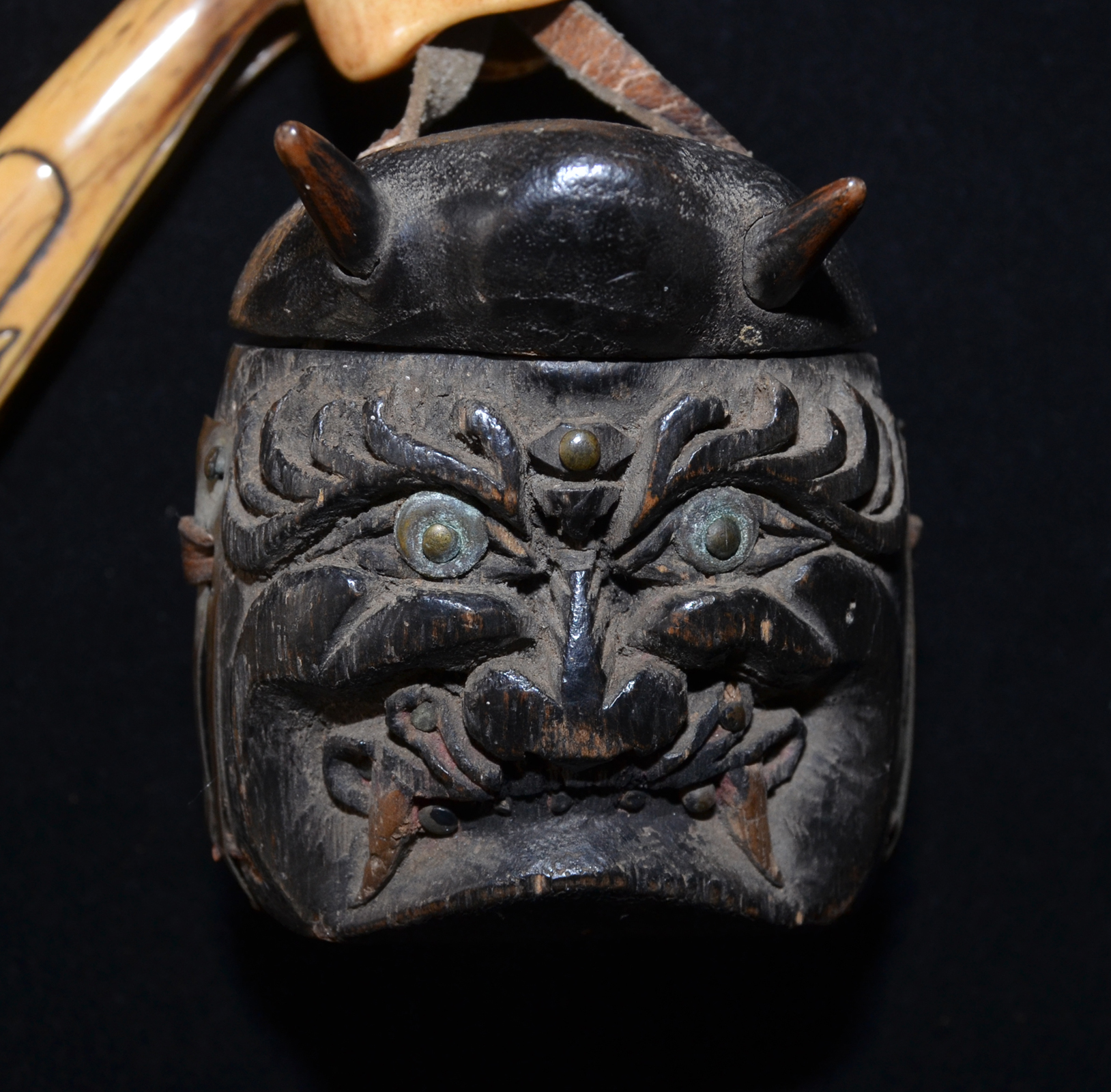 Japanese Antique Tobacco Case with Oni Face & Antler Pipe Holder