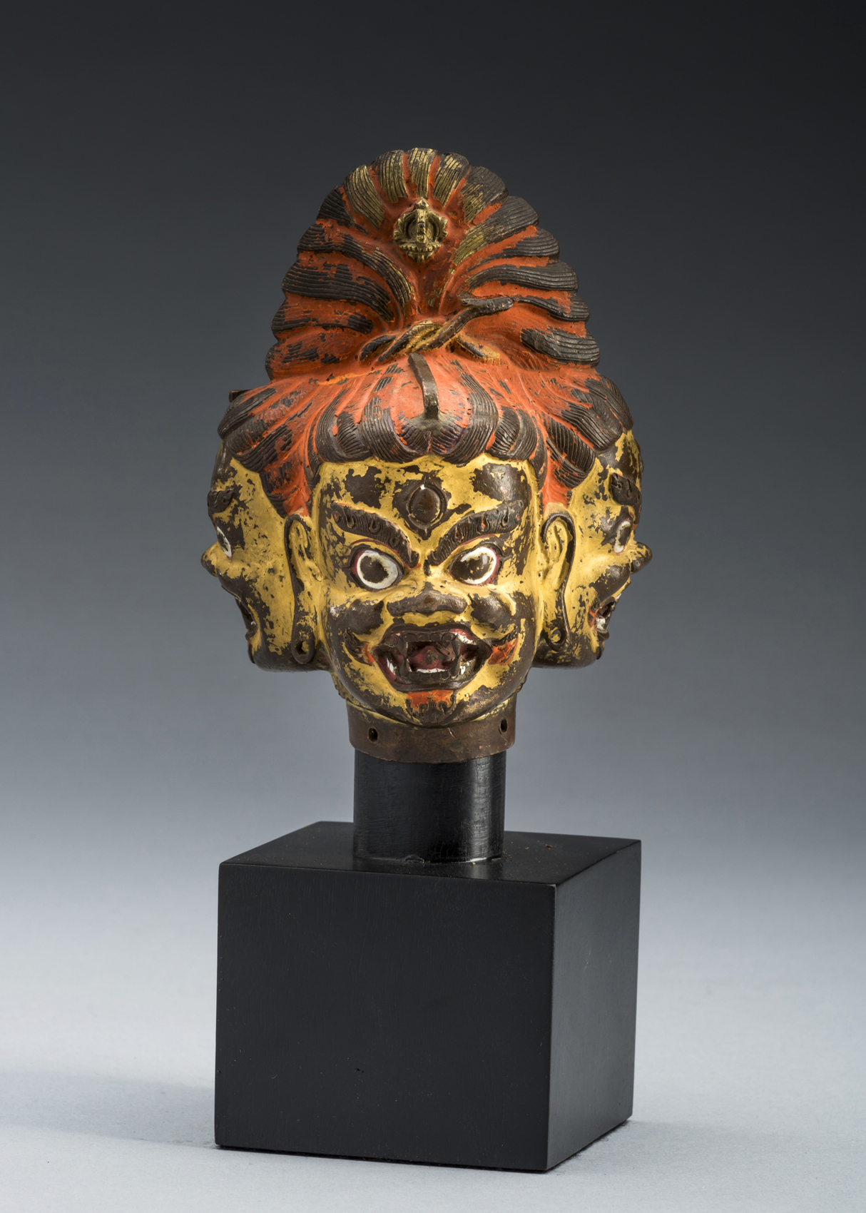 Superb Bronze Repousse Three Faced Head of Vajrakumara Heruka Mongolia 18th Century