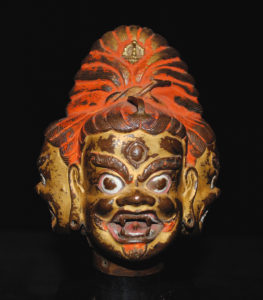 Superb Mongolian Bronze Repousse Three Faced Head of Vajrakumara Heruka 18th Century