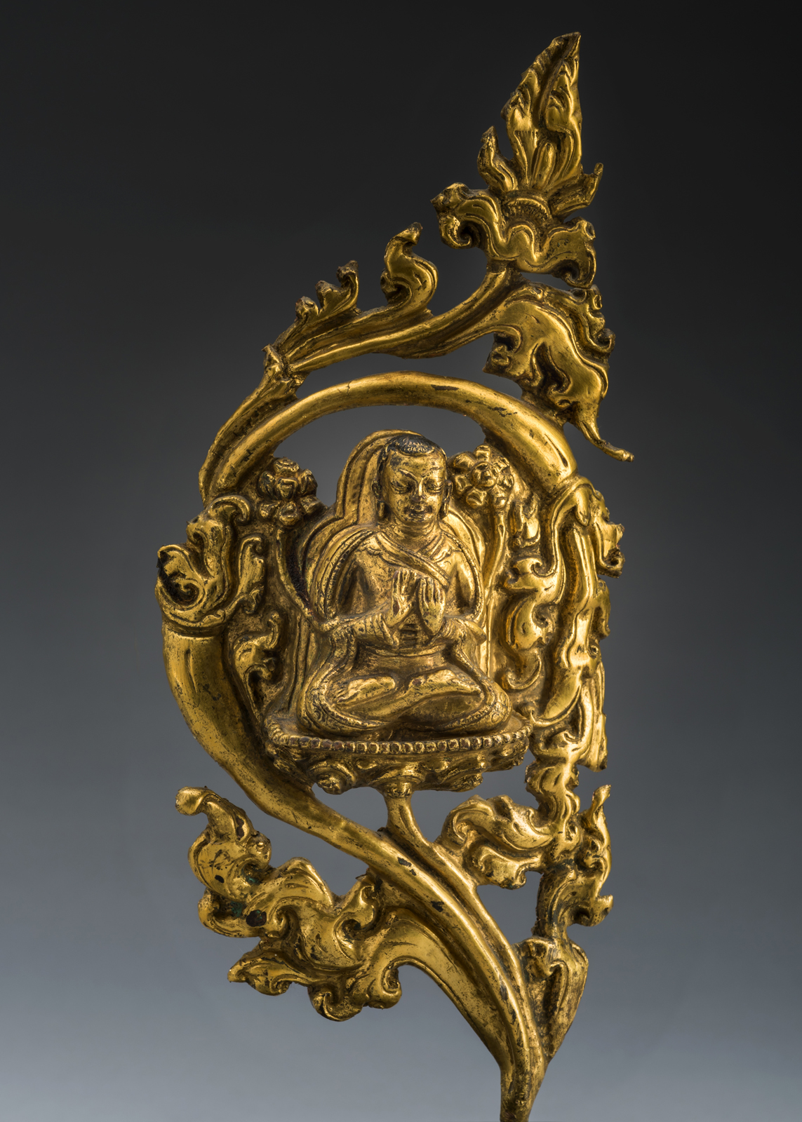 Superb Early Gilt Bronze Repousse Buddhist Aureole depicting Buddha Tibet 14th Century