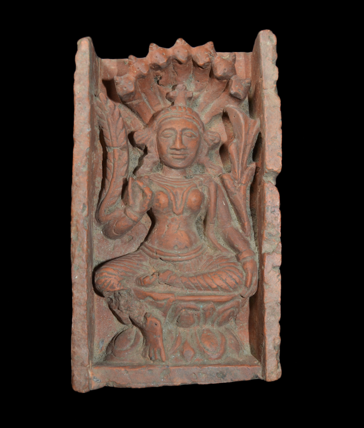 Clay Votive Temple Tile depicting the Deity Manasa West Bengal India 13th-16th Century