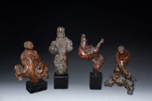 Four Fine Old Chinese Burlwood Figures of Buddhist Saints or Lohan China 19th Century