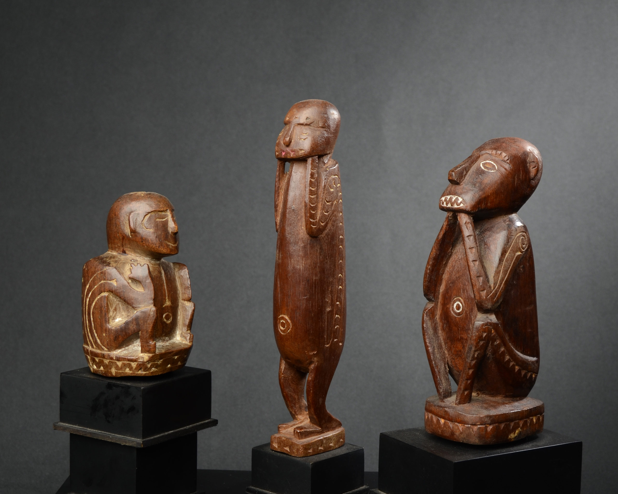 Three Fine Old Massim Ancestor Figures, Milne Bay Province, PNG Early 20th Century