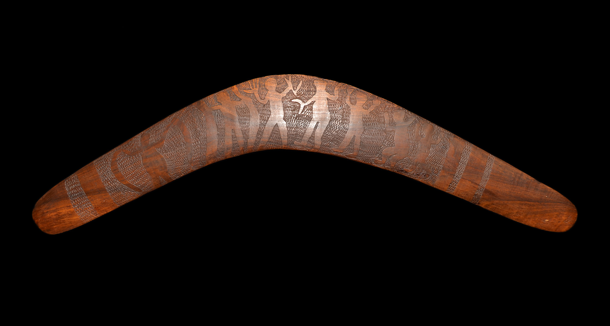 Superb First Australian Boomerang with Incised Dancing Ceremonial Figures West Australia